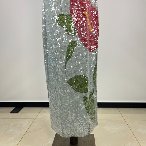 $450 NWOT Farm Rio Blue Sequins Anthurium Flowers Slip Maxi Dress Size S - Picture 8 of 16